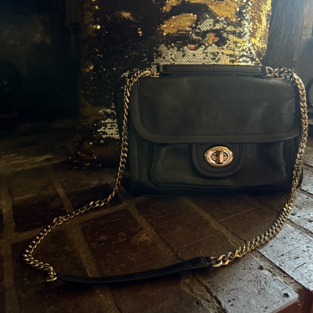 Coach New York Black Leather Crossbody Bag with Gold Chain